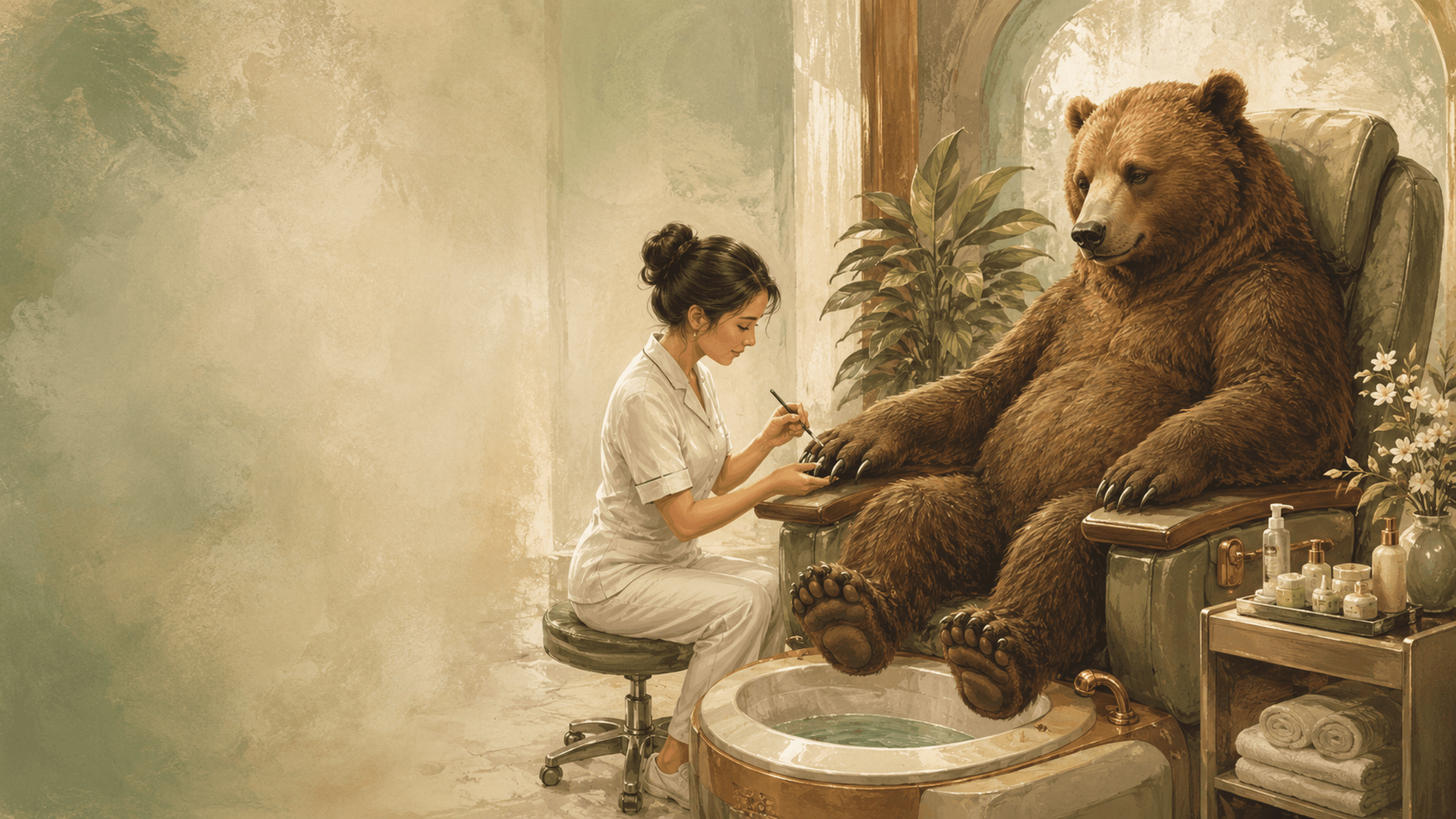 Illustration of a bear relaxing in a pedicure chair while a nail technician works on its paw.